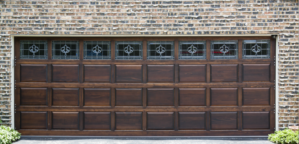 Wooden garage door on house